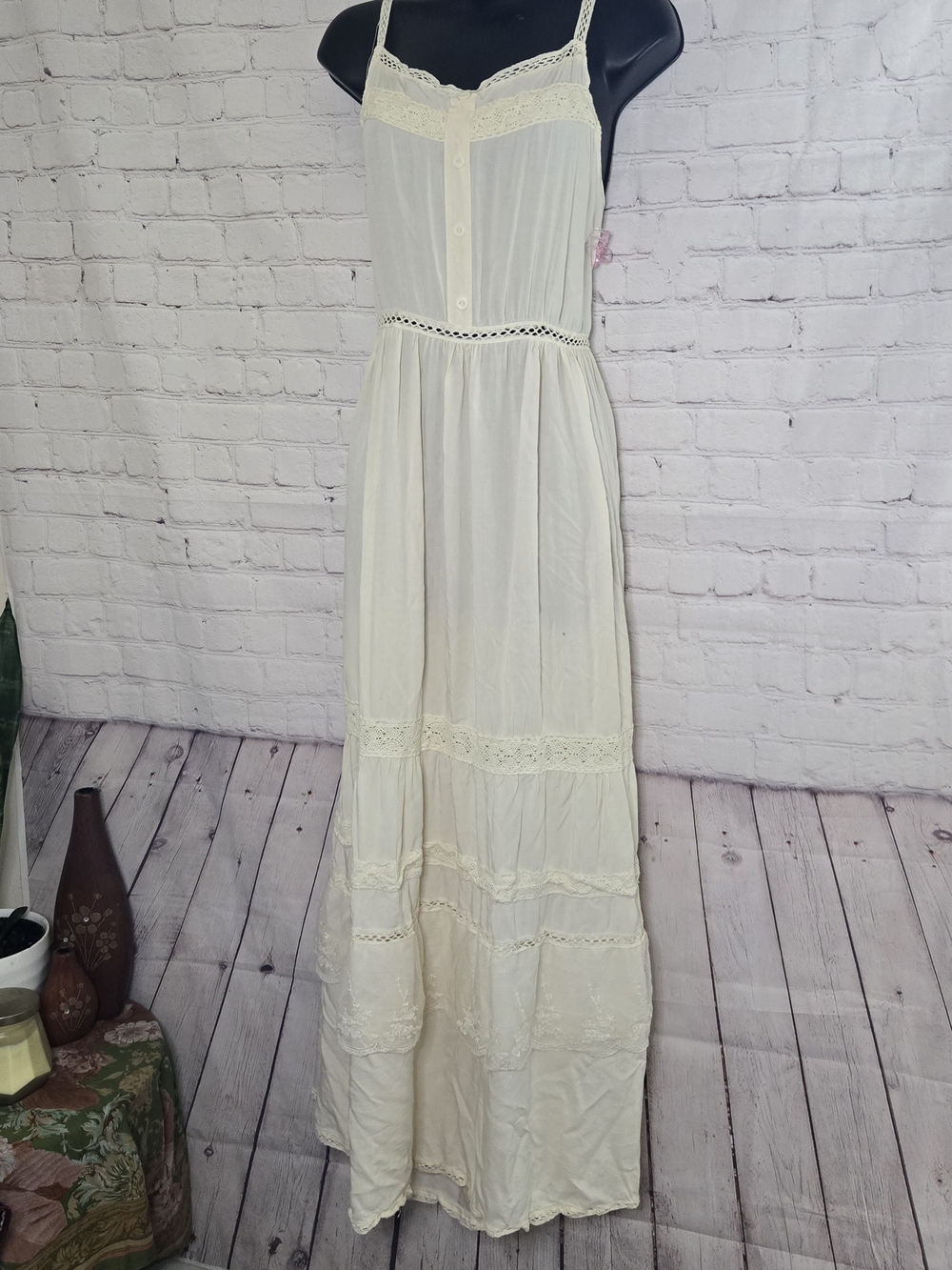 Bohemian Lace And Crochet Trim Cream Prairie Cottagecore Maxi Dress XL
